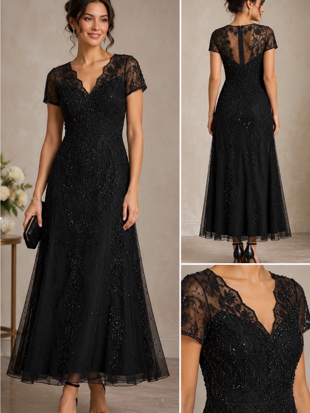 NWT Pisarro Nights Black Beaded Mesh Evening Gown Size 6 Formal Dress